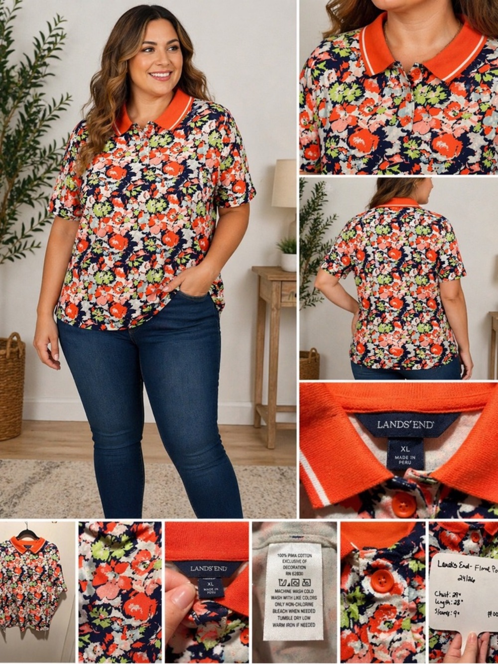 Lands End Womens Floral Polo Shirt Orange Navy Pima Cotton Plus 24W-26W #0075